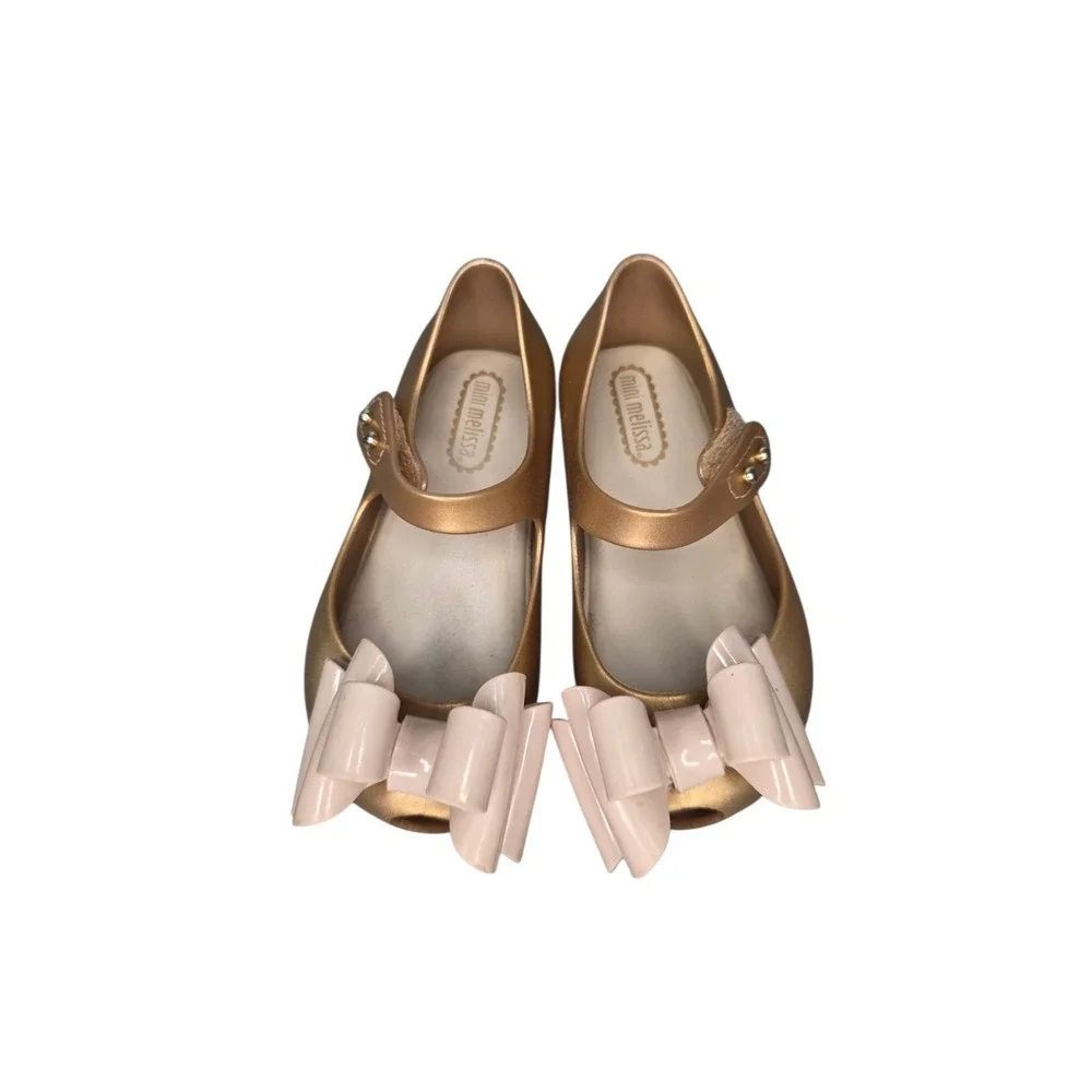Mini Melissa Gold Bow Mary Jane Flats Girls Size 5 Toddler EU 20/21
